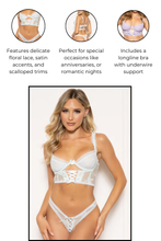 Load image into Gallery viewer, Lace-Up Floral Lace & Satin Bra and Panty Set – 2 Piece Longline Lingerie Set with Underwire