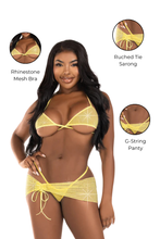 Load image into Gallery viewer, Rhinestone mesh wrap around bra set and sarong, Three Piece Lingerie Set
