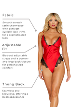 Load image into Gallery viewer, Stretch Satin Charmeuse Teddy with Eyelash Lace Trim and Chain Detail