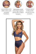 Load image into Gallery viewer, Lace Bralette Set with Peek-a-Boo Cups – Adjustable Straps, Gold Hardware & High-Waisted Panty with Ribbon Tie Back