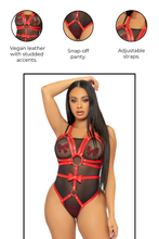 Load image into Gallery viewer, Filthy Gorgeous Harness Teddy, Vegan Leather Studded Harness Lingerie