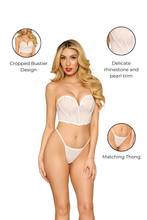 Load image into Gallery viewer, Shiny Rose Patterned Lace Bustier and Thong Set with Rhinestone and Pearl Trim