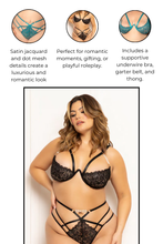 Load image into Gallery viewer, Three-Piece Satin Jacquard & Dot Mesh Lingerie Set – Bra, Garter Belt & Thong