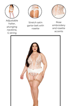 Load image into Gallery viewer, Rose Embroidery Teddy and Satin Garter Belt Set with Rosette Detail