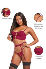 Load image into Gallery viewer, Three Piece Bustier, Garter Belt, and Thong Set - Seductive Rhinestone Embellished Lingerie for Intimate Occasions