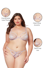 Load image into Gallery viewer, Two-Piece Bra and Panty Set with Heart Ring, Strappy Demi Cup Bra & Sheer Lace Thong