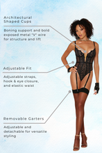Load image into Gallery viewer, Stretch lace and fishnet garter teddy, Lace Garter Bodysuit