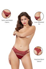 Load image into Gallery viewer, Satin & Mesh Open Crotch Panty – Lurex Lace, Keyhole Back Detail, Low-Waisted Sexy Lingerie