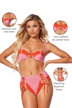 Load image into Gallery viewer, Sexy 2-Piece Lace Lingerie Set – Lace & Mesh Bra with Bow Tie Detail & Matching Boyshort Panty