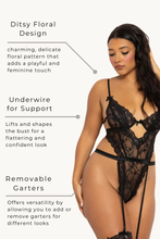 Load image into Gallery viewer, Ditsy Floral Lace Teddy with Multi-Layered Trim – Underwire, High Cut, Thong Back & Removable Garters