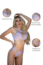 Load image into Gallery viewer, Tribal Design 2-Piece Fishnet Body stocking, High Neck Top and Panty Set