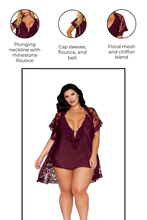 Load image into Gallery viewer, Floral Flocked Mesh and Chiffon Robe and Chemise Set