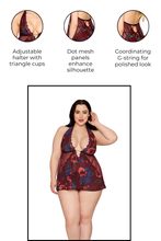 Load image into Gallery viewer, Printed Chiffon and Dot Mesh Babydoll with G-String