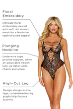 Load image into Gallery viewer, Dainty Floral Embroidery Teddy with Dot Stretch Mesh and Ribbon Lace-Up