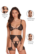 Load image into Gallery viewer, All Eyes On Me Three Pcs Bra Set with Strappy Underwire Bra, Garter Belt & G-String