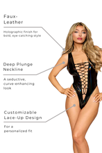 Load image into Gallery viewer, Black Faux-Leather Teddy with Holographic Shine