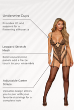 Load image into Gallery viewer, Sheer Nude Stretch Mesh and Printed Flocked Leopard Stretch Mesh Garter Teddy