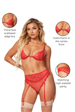 Load image into Gallery viewer, Two-Piece Lace Bra and High-Waisted Panty Set with Gold Charm, Adjustable Garter Straps