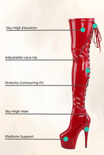Load image into Gallery viewer, Stretch Thigh Boot with 7-Inch Stiletto Heel, Platform, and Rear Lace-Up Detail