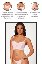Load image into Gallery viewer, Two Piece Floral Embroidery Mesh Bustier & G-String Set – Sexy Lingerie with Adjustable Straps & Gold Hardware