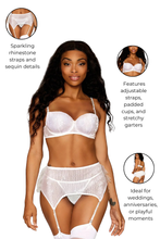 Load image into Gallery viewer, Sequin mesh bra, garter belt, and G-string set