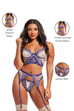 Load image into Gallery viewer, Luxury 3-Piece Lingerie Set – Sheer Mesh & Floral Embroidery Bra, Garter Belt & Thong