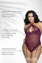 Load image into Gallery viewer, Lace & Mesh Teddy Lingerie – Underwire Bodysuit with Adjustable Halter Neck, High Cut Leg & Attached Garters