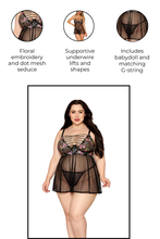 Load image into Gallery viewer, Dainty Floral Embroidery & Dot Stretch Mesh Babydoll and G-String Set