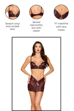 Load image into Gallery viewer, Shiny Vinyl and Lace Bra and Mini Skirt Set with Gold Zipper Details