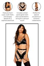 Load image into Gallery viewer, Nude mesh bralette with garter skirt and G-string, Three-Piece Set