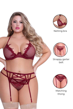 Load image into Gallery viewer, Three Pieces Plus Size Net Bra with Garter Belt and Panty, Lace Appliqué overlay Lingerie Set
