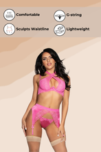 Load image into Gallery viewer, Satin & Lace 3-Piece Bra Set – Underwire Lingerie with Adjustable Halter Neck, Garter Belt & G-String