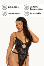 Load image into Gallery viewer, Ditsy Floral Lace Teddy with Multi-Layered Trim – Underwire, High Cut, Thong Back & Removable Garters