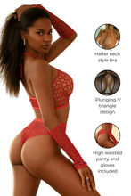 Load image into Gallery viewer, Wide Net Set With Gloves, Radiant Halter Fishnet Rhinestone Two-Piece Bodystocking
