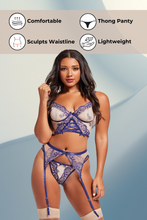 Load image into Gallery viewer, Luxury 3-Piece Lingerie Set – Sheer Mesh & Floral Embroidery Bra, Garter Belt & Thong