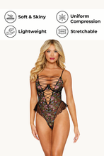 Load image into Gallery viewer, Dainty Floral Embroidery Teddy with Dot Stretch Mesh and Ribbon Lace-Up