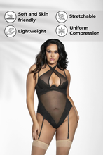 Load image into Gallery viewer, Lace & Mesh Teddy Lingerie – Underwire Bodysuit with Adjustable Halter Neck, High Cut Leg & Attached Garters