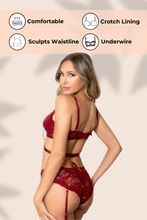 Load image into Gallery viewer, Two-Piece Lace & Mesh Bra Set with Lace-Up Front & Removable Garters – Includes Bra & Panty