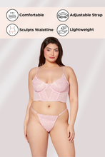 Load image into Gallery viewer, Two Piece Floral Embroidery Mesh Bustier & G-String Set – Sexy Lingerie with Adjustable Straps & Gold Hardware