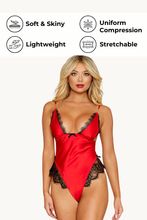 Load image into Gallery viewer, Stretch Satin Charmeuse Teddy with Eyelash Lace Trim and Chain Detail