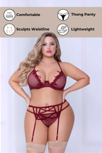 Load image into Gallery viewer, Three Pieces Plus Size Net Bra with Garter Belt and Panty, Lace Appliqué overlay Lingerie Set