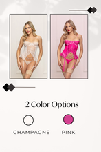 Load image into Gallery viewer, Lace and Mesh Bustier Set with Removable Garters and G-string
