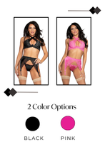 Load image into Gallery viewer, Satin & Lace 3-Piece Bra Set – Underwire Lingerie with Adjustable Halter Neck, Garter Belt & G-String