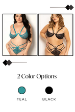 Load image into Gallery viewer, Three-Piece Satin Jacquard & Dot Mesh Lingerie Set – Bra, Garter Belt & Thong
