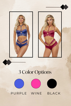 Load image into Gallery viewer, Satin & Eyelash Lace Long Line Bra Set – Removable Harness, Underwire, Adjustable Straps, Gold Hardware & Thong