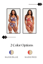 Load image into Gallery viewer, Luxury 3-Piece Lingerie Set – Sheer Mesh & Floral Embroidery Bra, Garter Belt & Thong