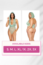 Load image into Gallery viewer, Rhinestone embellished fishnet hooded teddy