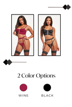 Load image into Gallery viewer, Three Piece Bustier, Garter Belt, and Thong Set - Seductive Rhinestone Embellished Lingerie for Intimate Occasions