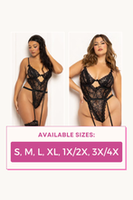 Load image into Gallery viewer, Ditsy Floral Lace Teddy with Multi-Layered Trim – Underwire, High Cut, Thong Back & Removable Garters