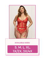 Load image into Gallery viewer, Two piece bustier set, Lace and heart mesh bustier with removable garters and G-string